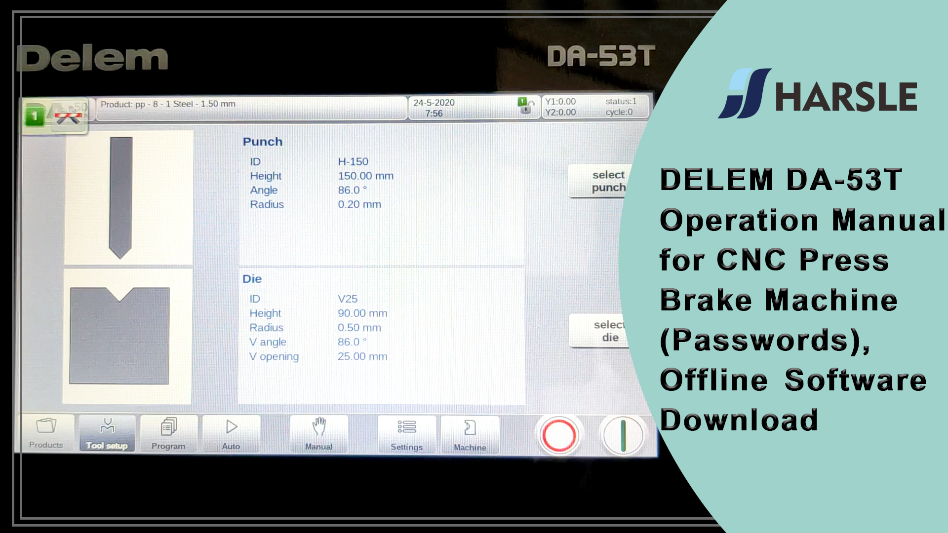 DELEM DA-53T Provozní manuál pro CNC ohraňovací stroj (hesla), stažení softwaru offline